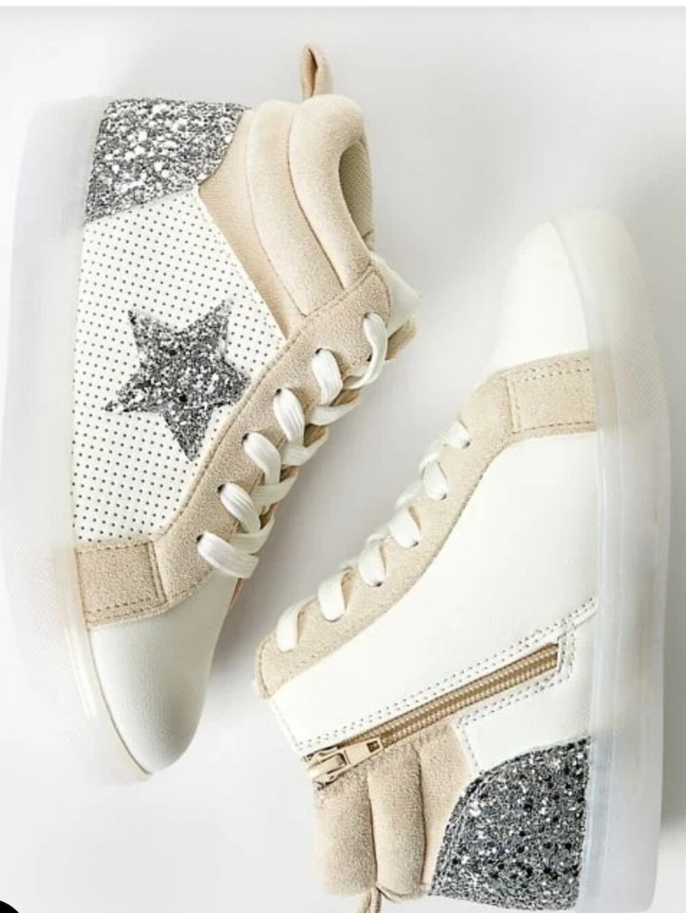 Girl's Cream High-Top Sneakers with Silver Glitter Star-Light Up , Size 12C